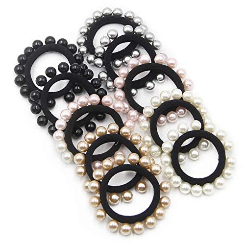 FAVELA10PCS Hair Ties with Pearls, Elastic Ponytail Holders, Imitation Pearls Hair Accessories Hair Band Hair Wrap Around for Thick Heavy and Curly Hair, No Damage (Multi Colors)