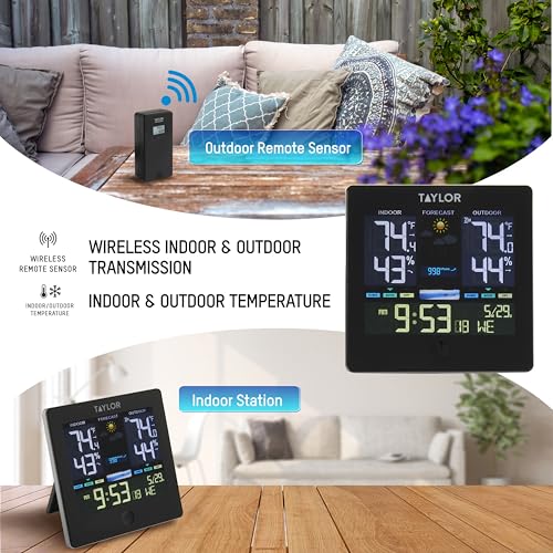 Image of Taylor Digital Wireless Deluxe Indoor Outdoor Thermometer, Weather Station Forecaster, Calendar with Clock, Easy-to-Read Display for Home, Office, Greenhouse, Nursery, and Indoor Areas, LCD, Black