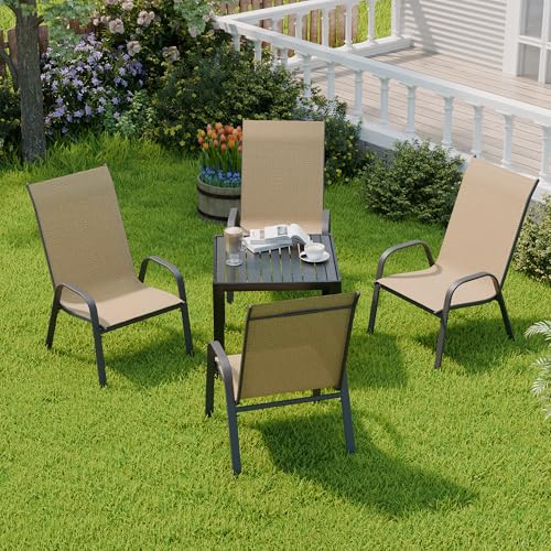 Image of Patio Chairs Set of 4, Outdoor Dining Chairs Stackable for All Weather, Breathable Metal Modern Outside Furniture Chair for Pool Side, Garden, Backyard Deck, Brown