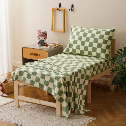 Image of Luxlovery Toddler Comforter Set Checkered Plaid Green White Kids Boho Bedding Set Bed Set for Dorm 4 Pieces (1 Comforter, 1 Flat Sheet, 1 Fitted Sheet, 1 Pillowcase)