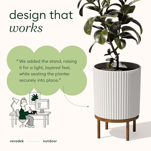 Image of Veradek Demi Series Raised Planter - Round Planter with Stand | Made From a Durable Plastic-Stone Composite & Comes With Wooden Stand. Modern Porch /Patio Decor