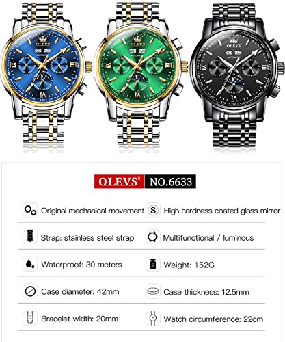 Image of OLEVS Analog Men Green Dial Gold Band Watches Automatic,Two Tone Stainless Steel Watch,Day Date Mechanical,Waterproof Swiss Wrist Watch ,OLEVS Self Winding Luminous Business Large Tourbillon Watch