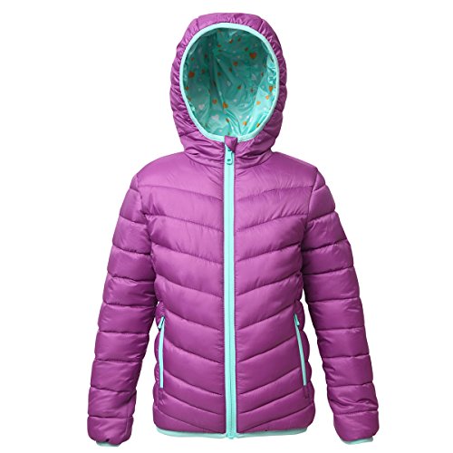 Rokka&Rolla Girls' Lightweight Reversible Water Resistant Hooded Quilted Poly Padded Puffer Jacket Mulberry