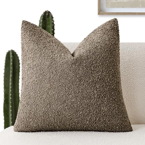 Image of Foindtower Decorative Textured Boucle Throw Pillow Covers Accent Solid Pillow Cases Neutral Soft Cozy Couch Cushion Case for Chair Sofa Bedroom Living Room Home Decor 16x16 Inch,1PC,Light Brown