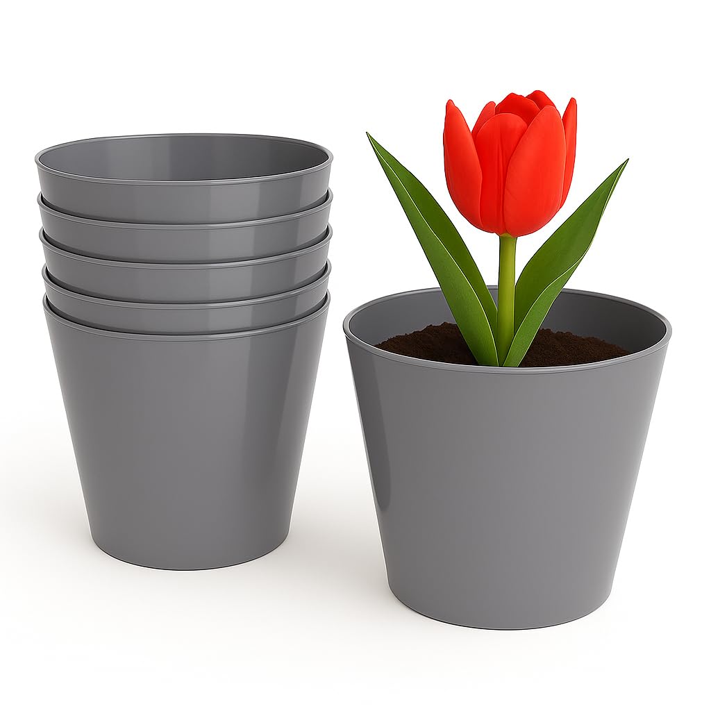 Home Garden Ornaments Plant Pots Indoor 6pcs Glossy Decorative Plastic Flower Pots, Vibrant Decorative Pots (Grey, 20 cm / 7.9 in)