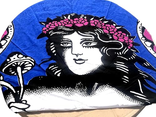 Image of RHF Royal Home and Fashion Dining Round Tablecloth 100% Cotton Multicolor Floral Bird Printed 4-6 Seater Round Table Cover with White Fringed Lace Border 75 inch Blue Multi