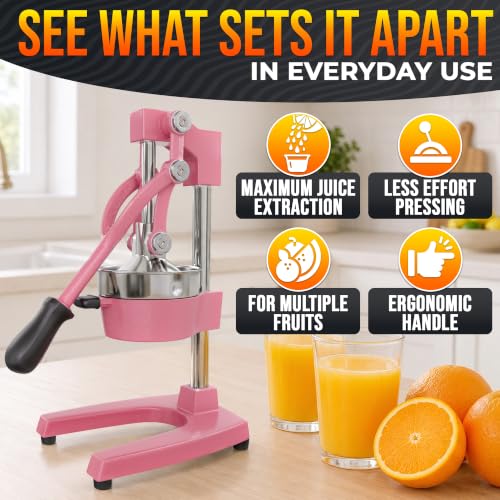 Image of Cast Iron Juicer Hand Press, Heavy-Duty Squeezer (Pink) | Lever Manual Citrus Press Juicer & Orange Squeezer for Lemon, Lime & Lemonade; Steel Cone & Strainer; for Home or Bar