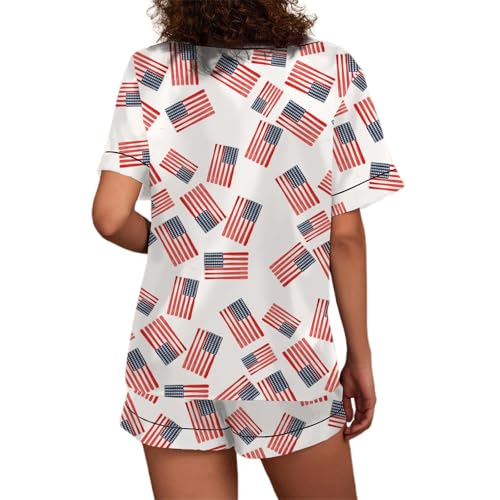 Image of Women Hearts Pajama Sets Satin Short-Sleeve Top and Shorts Set 2 Piece Loungewear Sleepwear