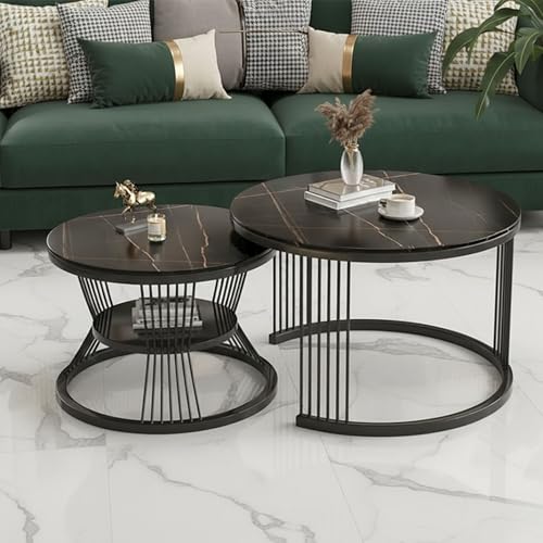 Image of Modern Nested Coffee Table Set of 2 | Round Marble Finish Tabletop with Metal Base | Luxury Center Table for Living Room, Lounge & Office (Full Black)
