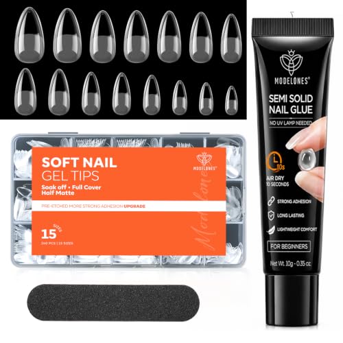 Image of Modelones Almond Gel Nail Tips Kit, No UV Lamp Semi Solid Glue Nail File | 15Sizes 240PCS Pre Etched Half Matte Medium Press On Nails No UV Light Needed Quick Drying, Long Lasting DIY Home Salon