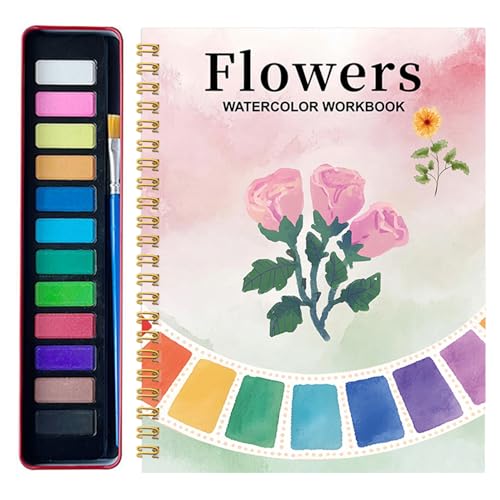 Yhsioaklo Kit de libro de pintura de acuarela para adultos, libro de trabajo de acuarela con 12 colores vibrantes, suministros de arte para principiantes, aprendizaje, hogar, escuela, viajes y clases