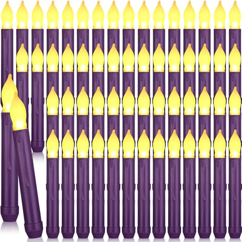 Image of Macarrie 60 Flickering LED Taper Candles, Purple Candle Yellow Light