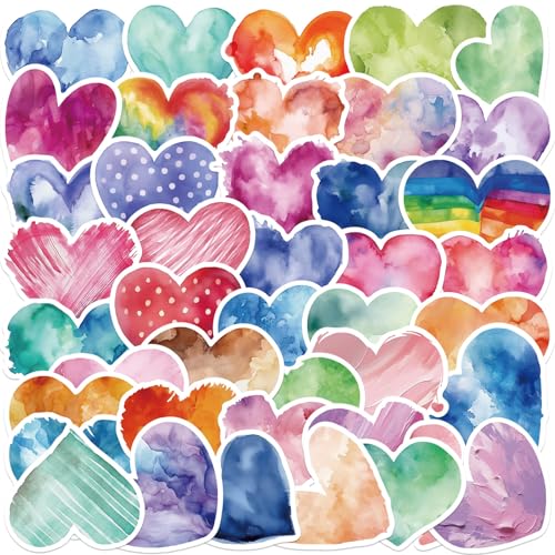 50 PCS Cartoon Watercolor Heart Stickers Bulk for Teachers Waterproof Stickers Pack for Teens Adults Teacher Gift Vinyl Decals for Laptop Water Bottle Journaling Phone case (Watercolor)