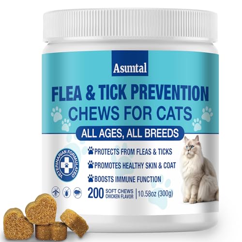 Flea and Tick Prevention for Cats Chewable, Natural Cat Flea Treatment, Oral Kitten Cat Flea & Tick Control, Flea Pills Supplement with Vitamins Support Immune, Skin & Coat, 200 Soft Chews (Chicken)