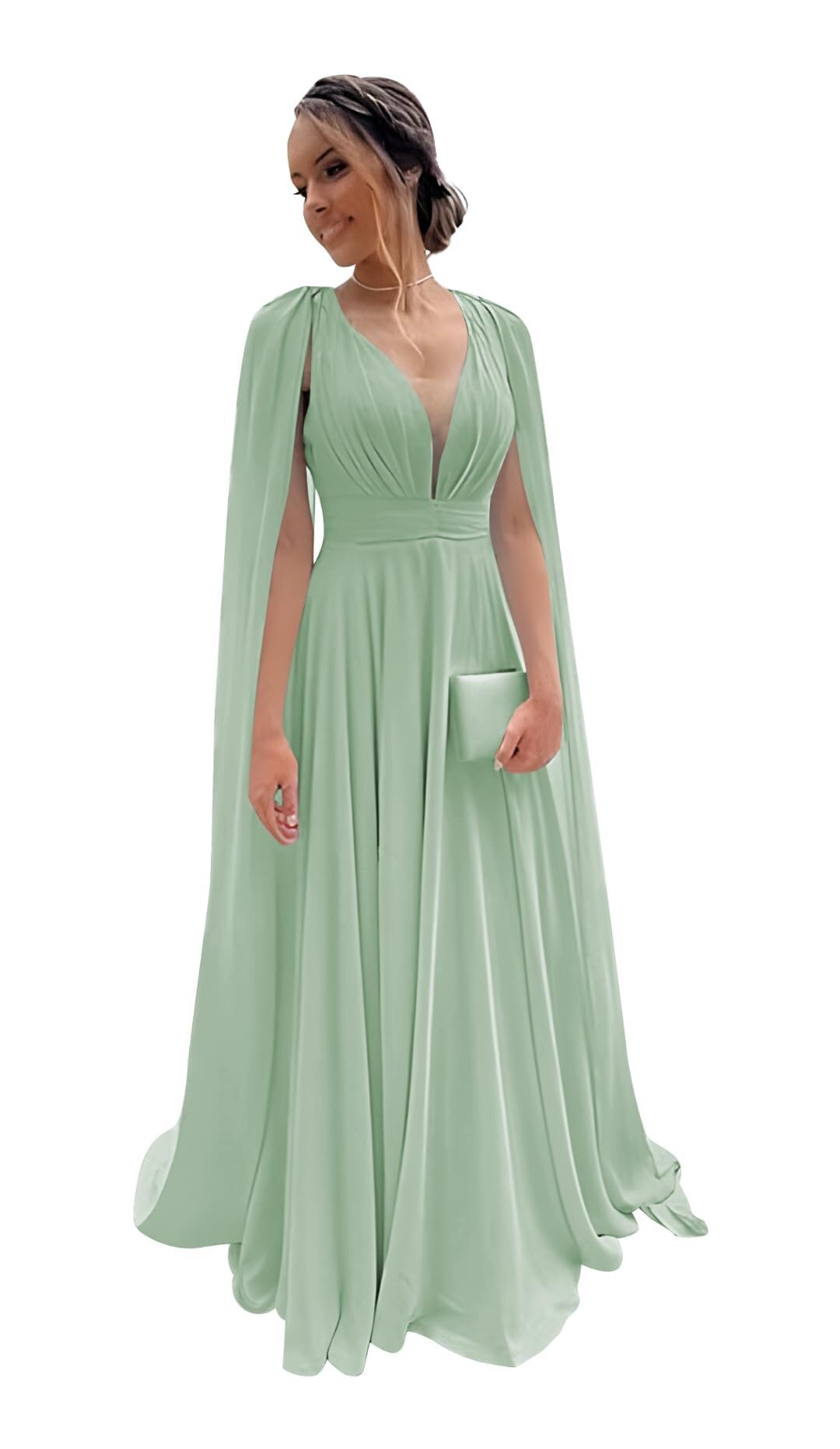Chiffon Bridesmaid Dress for Women Cape Sleeve V-Neck Formal Evening Gowns with Pocket LBC020