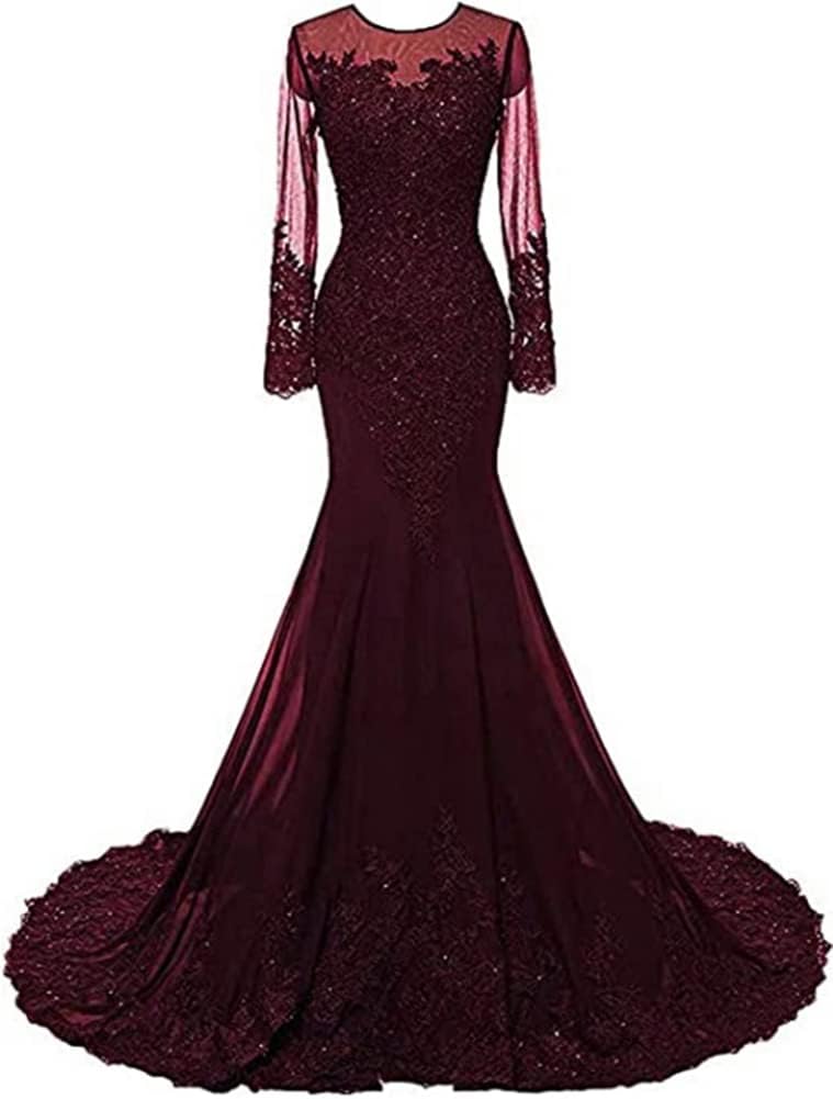 Honeydress Women's Mermaid Long Sleeves Lace Prom Dress Beaded Appliques Formal Evening Ball Gowns