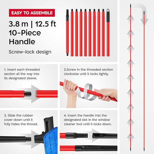 Image of Tyroler Window Squeegee with Extension Pole 1-12.5ft | Window Cleaner Tool | | 10-Part Windows Washing Kit with Extension Pole | Professional Telescopic Window Squeegee for Home & High Glass