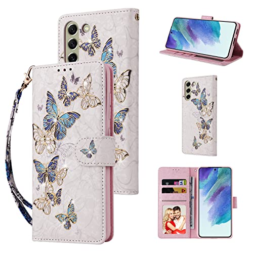 UEEBAI Wallet Case for Samsung Galaxy A54 5G, PU Leather Phone Case Kickstand RFID Blocking Flip Case with Card Slots Wrist Strap Relief Engraved Pattern Magnetic Closure Folio Case - Blue Butterfly
