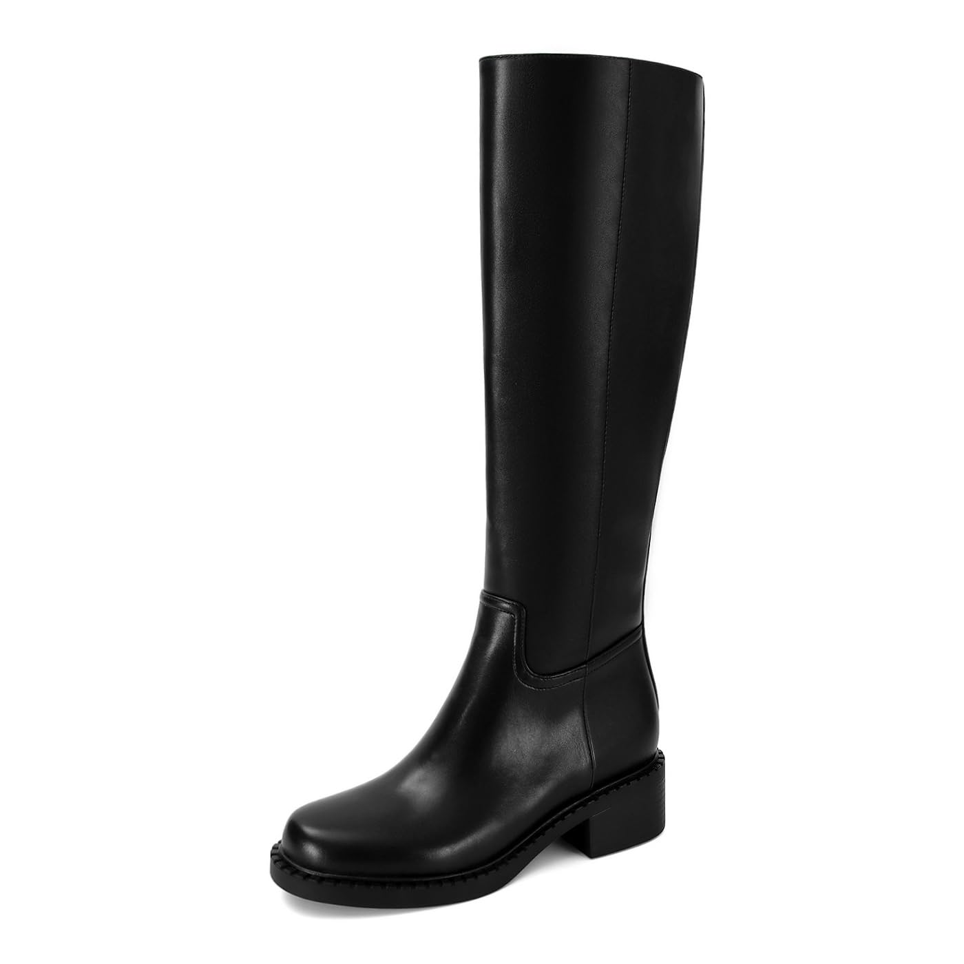 Dsevht Black Knee High Boots for Women Faux Leather Elastic Low Heel Round Square Toe Side Zipper Fall