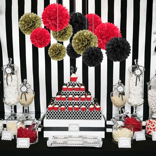Image of 18 PCS Tissue Paper Pom Poms, Tissue Pom Poms Flowers, Sizes of 6 inch, 10 inch, 12 inch, 14 inch Hanging Paper Flower Ball for Wedding, Birthday, Halloween, Christmas, Baby Shower Party Decor (Red Black Gold)
