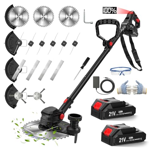 SMILOVII 21V Cordless Weed Wacker Lawn Edger, 4.6lbs Lightweight Battery Powered String Trimmer, 4-in-1 Brush Cutter with Metal Blades, Wire Brush & Guide Wheel for Garden Edging (2 Batteries, 2.0Ah)