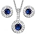 Produktbild Rund Blauer simulierter Saphir Österreichische Zirkonia Kristalle Schmuck-Set Halskette Anhänger 45 cm Ohrstecker Ohrringe 18 kt Weiß Vergoldet
