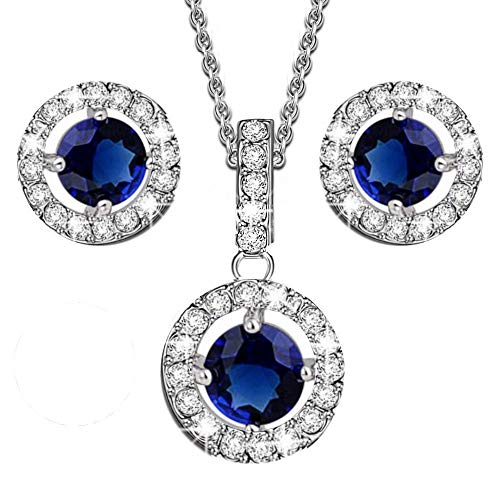 Preisvergleich Produktbild Rund Blauer simulierter Saphir Österreichische Zirkonia Kristalle Schmuck-Set Halskette Anhänger 45 cm Ohrstecker Ohrringe 18 kt Weiß Vergoldet