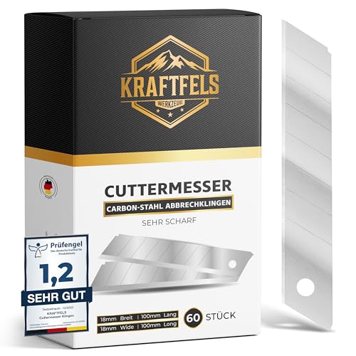 KRAFTFELS 60x Cuttermesser Klingen 18mm SK5 - Teppichmesser Klingen Cuttermesser aus hochwertigem Carbonstahl - Gehärtet & ultra scharf - Abbrechklingen 18mm für Cutter Messer - Ersatzklingen Cutter