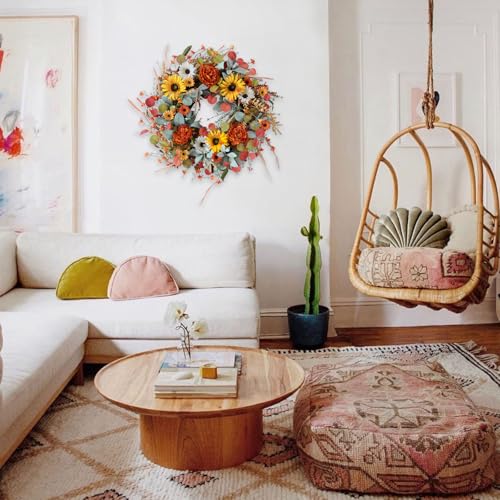 Tempus T-F45 22 Inch Artificial Autumn Peony Daisy Wreath Multiple Leaf Wreath thumb #5