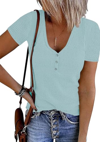MEROKEETY Womens 2026 Summer Short Sleeve Casual Tops, LightBlue, XXL