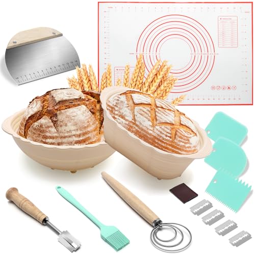 Windspeed Sourdough Bread Baking Supplies Kit of 13 Sourdough Starter Kit Include 10 and 8 Inch Bread Proofing Basket Dough Scraper Basting Brush Linen Dough Bag Whisk and Others