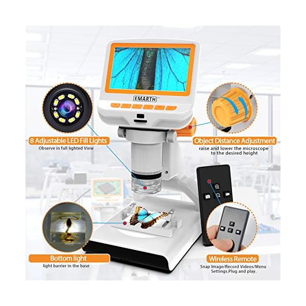 LCD Digital Mikroskop, 4.3" HD USB Labor Microscope Handheld Kamera Video Recorder 40X-1000X Vergrößerung Zoom Endoskop1080P mit 8 LEDs, TF-Karte, Fernbedienung, Windows XP / 7/8/10 kompatibel – Bild 6