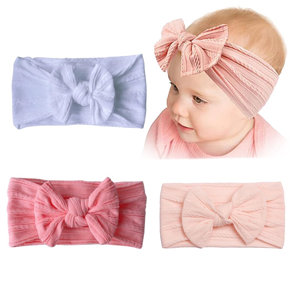 LJFEA Diadema de Nylon para Bebé Niña Cinta Elástica para el Pelo Suave y Bonita para Niños (Juego de 3) (Rosa Rosa claro Blanco)