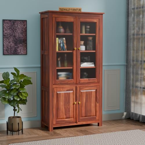 Image of Solid Sheesham Wood Crockery Cabinet with 2 Acrylic Glass Doors | Wooden Wardrobe Kitchen Cabinet with 6 Shelves Storage | Bookcase for Living Room, Bedroom & Office | Honey Finish
