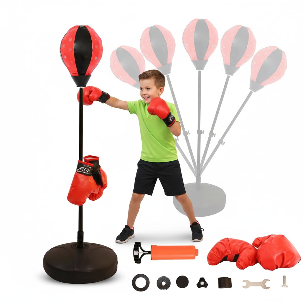 Melko Stojący worek bokserski Punchingball Punching Training z rękawicami bokserskimi, regulowany, czerwony srebrny czarny, piłka Ø 24 cm