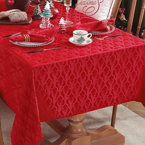 SASTYBALE Christmas Red Tablecloth 52"x70" Rectangle - Jacquard Damask Deer Antler Spillproof Table Cover for Xmas New Year Winter Holiday Decor (Fits 4-6 Seats)