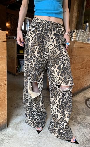 Women's Jeans Wide Leg Ripped Y2K High Waisted Baggy Leopard Print Pull On Pants for Women 2025 Trendy2