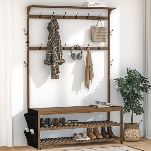AMBIRD 6-in-1 Bamboo Hall Tree with Shoe Storage, Entryway Organizer Shoe Bench with 16 Coat Hooks...