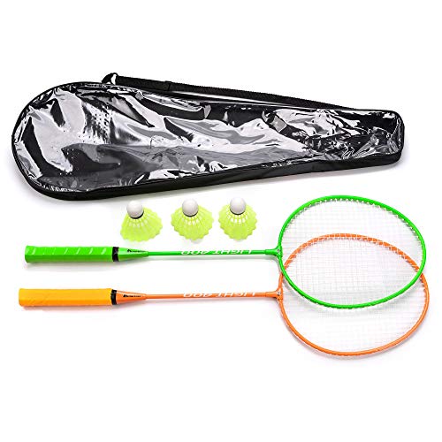 Juego de Bádminton para 2 Jugadores - Set con 2 Raquetas con 3 Volantes - Ideal para Niños y Adultos y Familia - para Actividades al Aire Libre jardín Playa (2 Raquetas, Verde/Naranja)