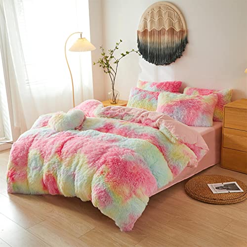 Soft Faux Fur Comforter ?Down Alternative Fur Comforter 3pcs Set?1 Plush Comforter +2 Furry Pillow Cases Luxury Modern All Season Microfiber Fill Duvet Insert Bedding (Rainbow, Full/Queen)