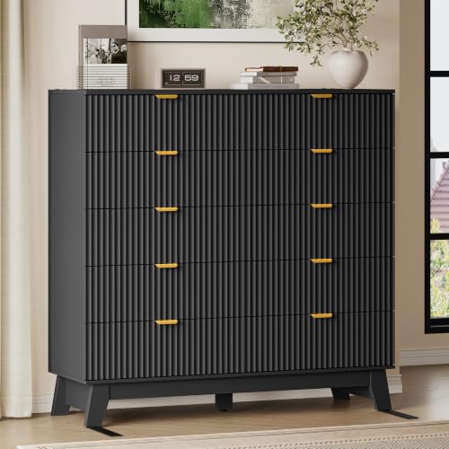 Image of BORNOON 46 inch Tall Dresser for Bedroom, 10-Drawer Fluted Chest of Drawers, Modern Wood Highboy with Metal Slides and Handles, Anti-Tip Kit, Vertical Clothes Storage Organizer for Apartment, Closet