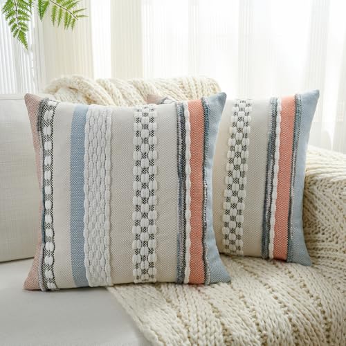 Volcanics Orange Blue Boho Throw Pillow Covers 18x18 Set of 2, Chenille Farmhouse Decorative Cushion Covers, Neutral Striped Accent Pillowcases for Couch Sofa Bed