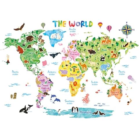 Decowall Animal World Map Kids Wall Stickers Cover