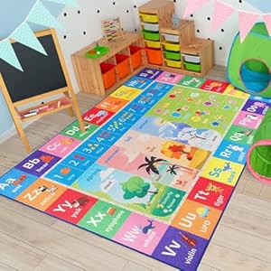 ABC Kids Rug for Playroom, 4×6 Washable Classroom Area Rugs, Toddler Educational Play Mat with Alphabet Numbers Seasons Shapes, Learning Fun for Preschool Children, Colorful