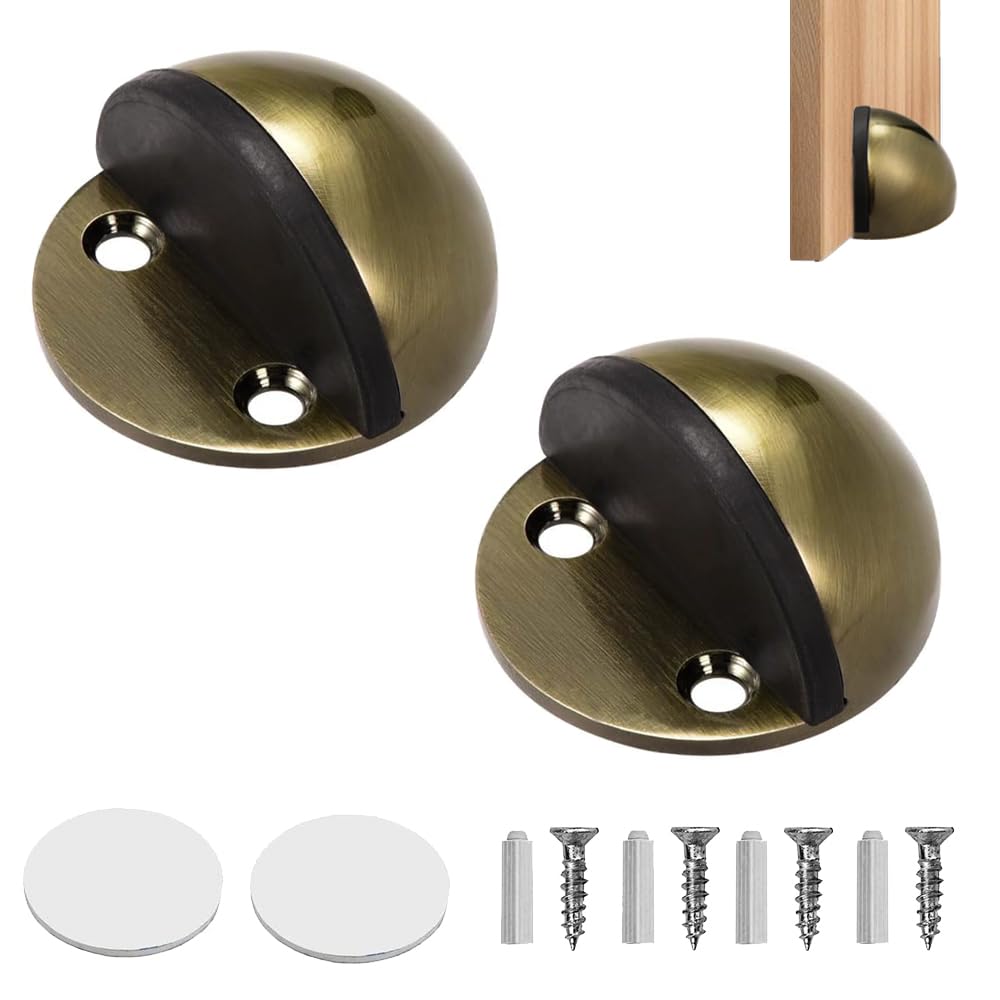 2 PCS Self Adhesive Door Stoppers Bronze Polished Half Moon Door Stop Stainless Steel Oval Door Stoper with Screws and Glues for Hard Floor Glass Door Home Office Use