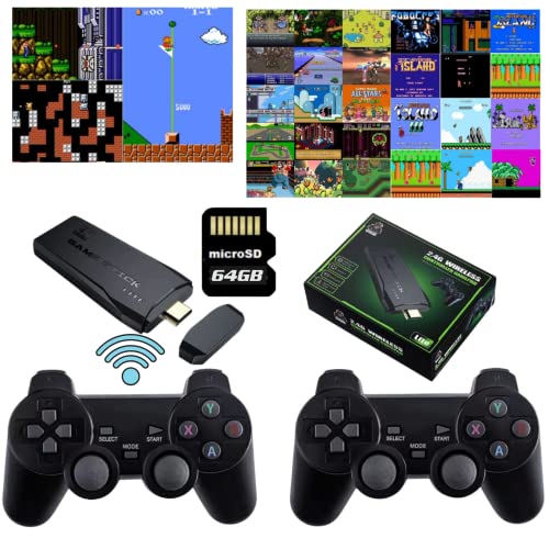 Retro-Konsole Spielekonsole 10 000 Spiele, tv Stick, 64GB HDMI 4K, USB Wireless Game Stick Plug & Play, Dual Bluetooth Gamepads, 9 Emulatoren - Geschenk für Kinder