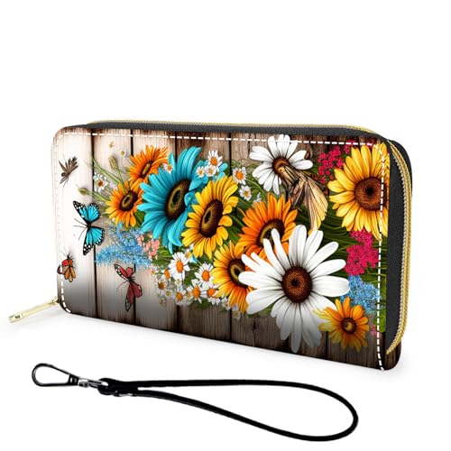 Wallet,Large Capacity RFID Blocking Leather Wallet, Durable Smooth Zipper Clutch,Unisex Travel Wallet for Cards,Cash,and Coins - Butterfly Sunflower Flower