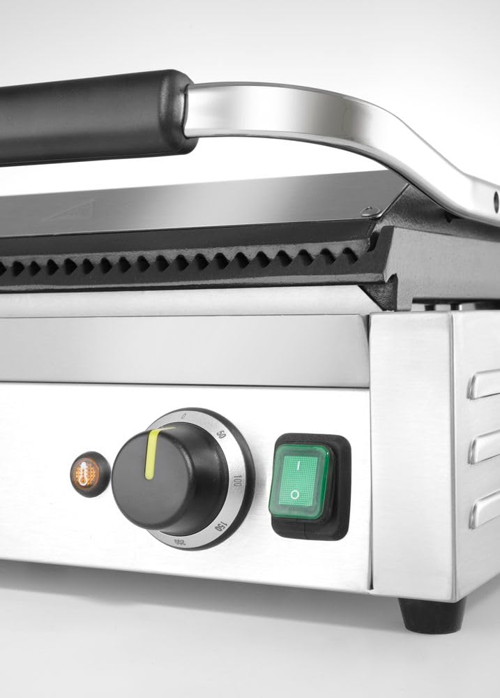 HENDI Parrilla Eléctrica de Contacto XL, Grill/Plancha Panini y Sandwichera Profesional, Placas Acanaladas de Hierro Fundido Esmaltado, 230V, 2700W, 540x424x(H)216mm, Acero Inoxidable