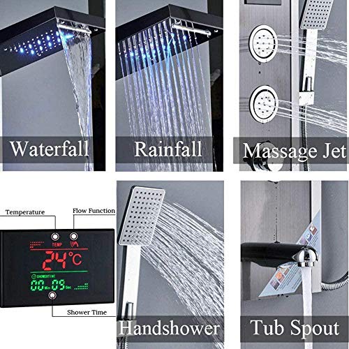 Columna de Ducha LED con Panel de Chorro Cascada, Lluvia y Pantalla de Temperatura, con Duchador de Mano y Jets de Hidromasaje, Acabado Cromado, Negro miniatura 4