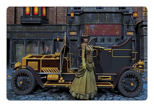 Ambesonne Victorian Pet Mat for Food and Water, Lady Wearing Old Style Dress Vintage Car in Street...